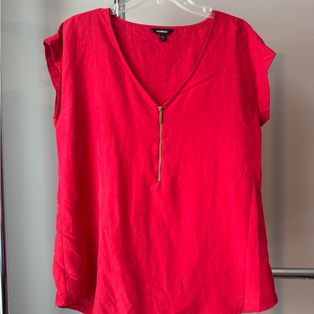 Express Women's Vibrant Red V-Neck Blouse